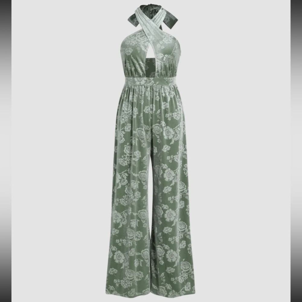 Velvet Floral Cross Halter Jumpsuit